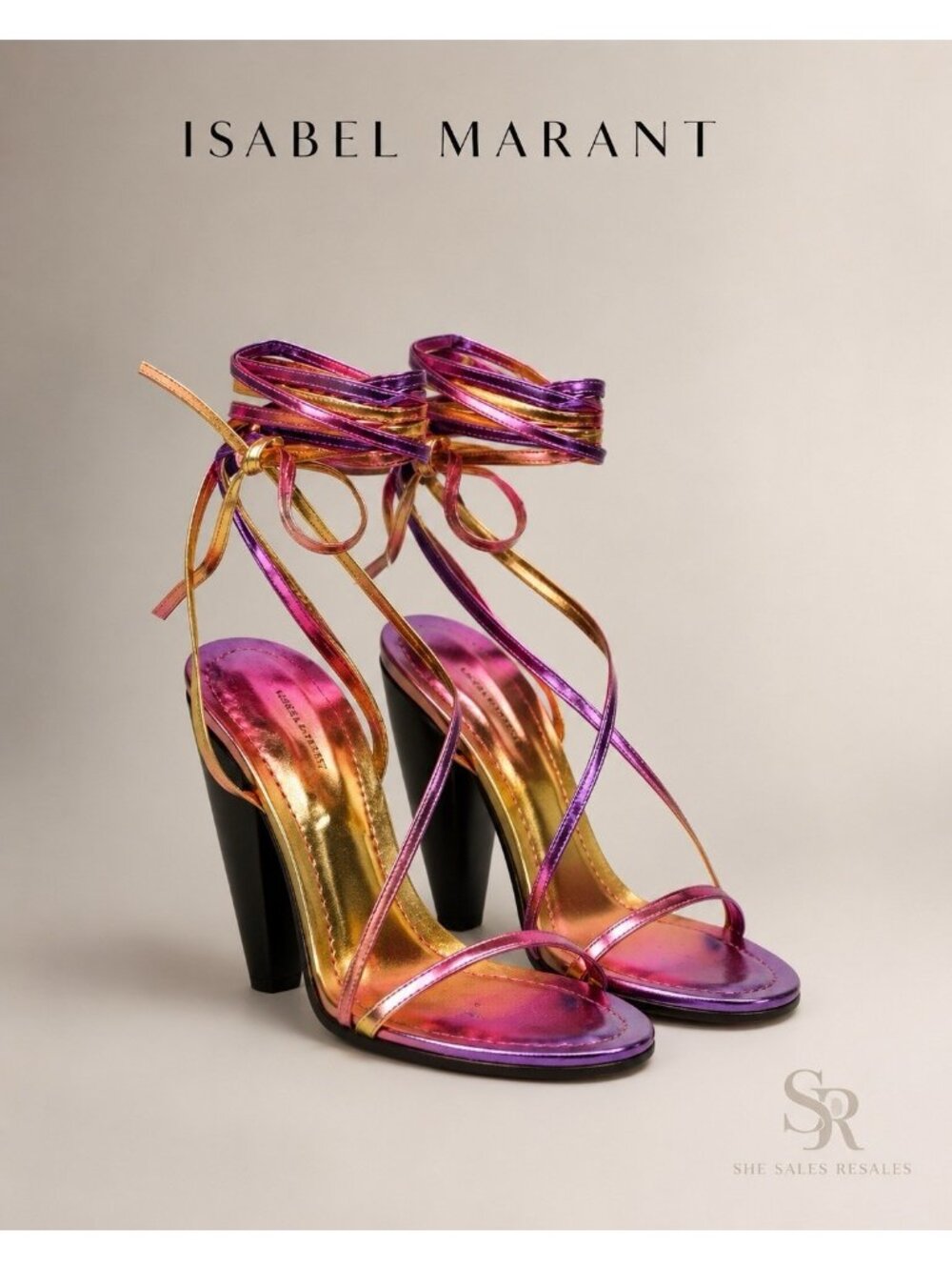 Isabel Marant Aliza Ombré Metallic Leather Wrap Sandals Cone Heel EU40 US10 Ital